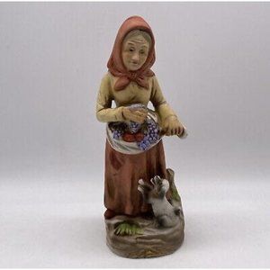 Rare Vintage Homco Old Lady Woman with Fruit Basket and Dog Figurine